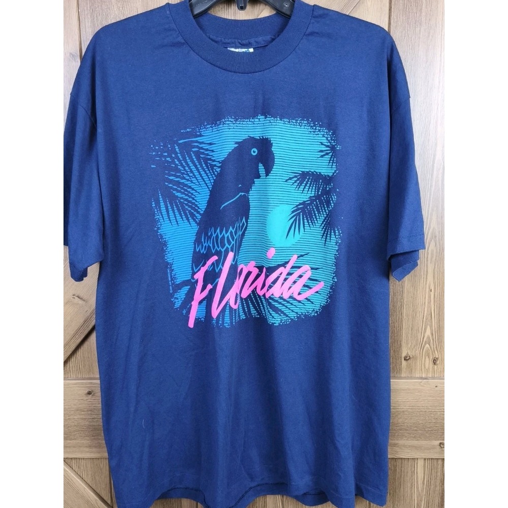 Vintage 1991 Florida Parrot T Shirt Hanes Heavyweight 50/50 Navy Blue XL 90s USA